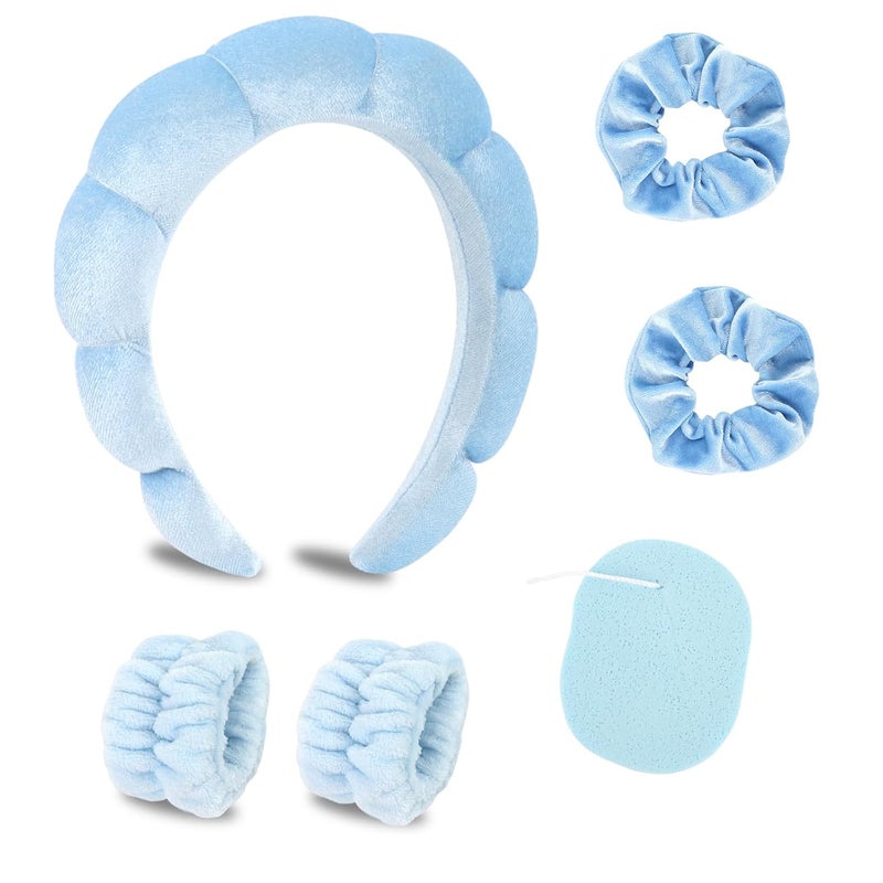 CAVETEE Makeup Headband for Women Skincare Headband for Washing Face Cute Blue Puffy Spa Headband with Wristband Scrunchies and Soft Compressed Facial Sponges for Women Girl