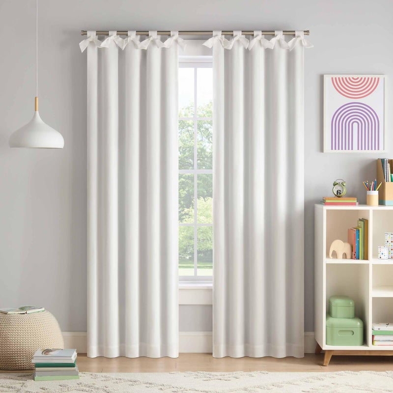 ECLIPSE KIDS Blackout Curtain, Kids Curtain with Tacked Bow Tab Top Header, 84 in x 40 in, Thermaback 100% Blackout Curtain, Curtain for Kids Room or Playroom, 1 Window Curtain, White - Image 1