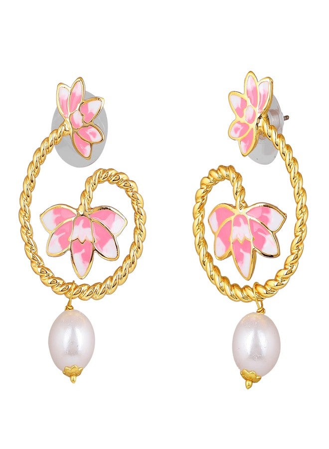 Estele Gold Plated Lotus Inspired Drop Earrings for Women | Elegant Statement Jewellery - Image 2