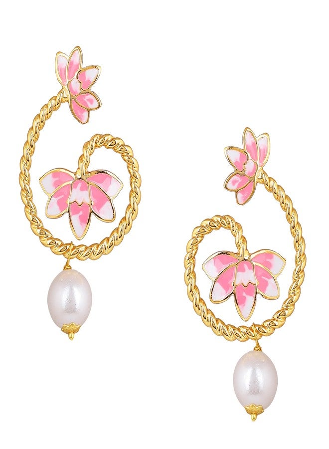 Estele Gold Plated Lotus Inspired Drop Earrings for Women | Elegant Statement Jewellery - Image 1