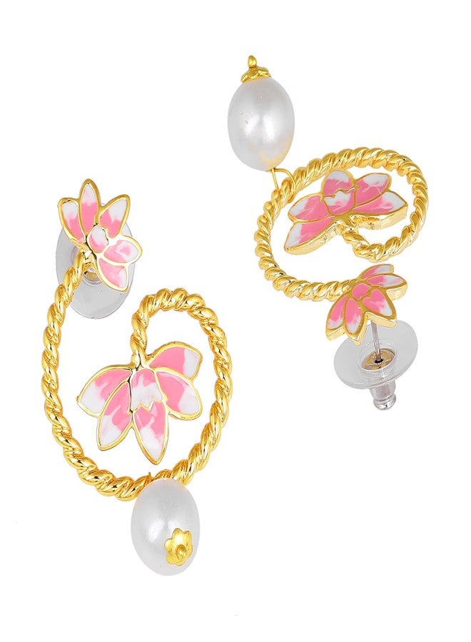 Estele Gold Plated Lotus Inspired Drop Earrings for Women | Elegant Statement Jewellery - Image 3