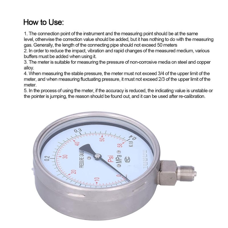 مقياس ضغط من الفولاذ المقاوم للصدأ 0-4 ميجاباسكال M20x1.5 للتركيب العمودي لأنظمة الهواء والماء - Image 4