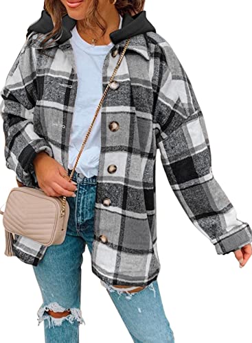 Shein SHEWIN Womens Casual Oversized Flannel Plaid Shacket Jacket Hoodie Long Sleeve Oversized Button Down Shirts Coat Tops with PocketsUS 1618XLGrey