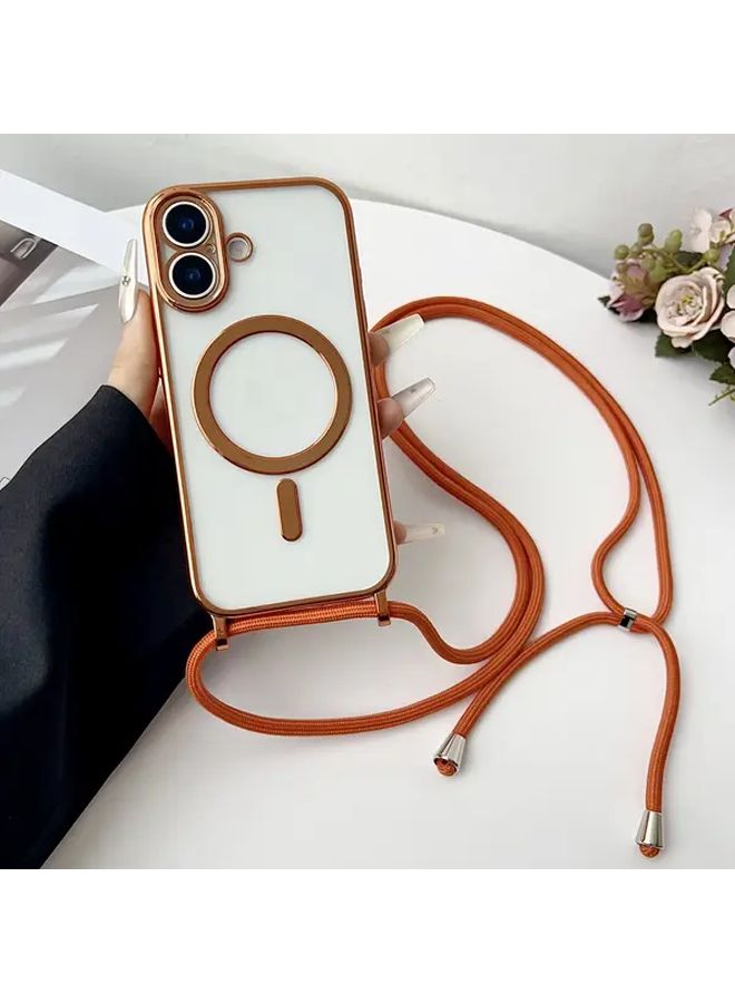 حافظة هاتف شفافة برباط عرضي برتقالي لهاتف iPhone 16 Pro Max، لامعة، تدعم الشحن اللاسلكي. - Image 5