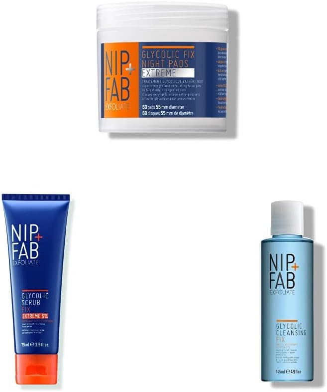 Nip Fab Glycolic Acid Night Face Pads With Fix Foaming Cleanser With Fix Face Scrub Extreme