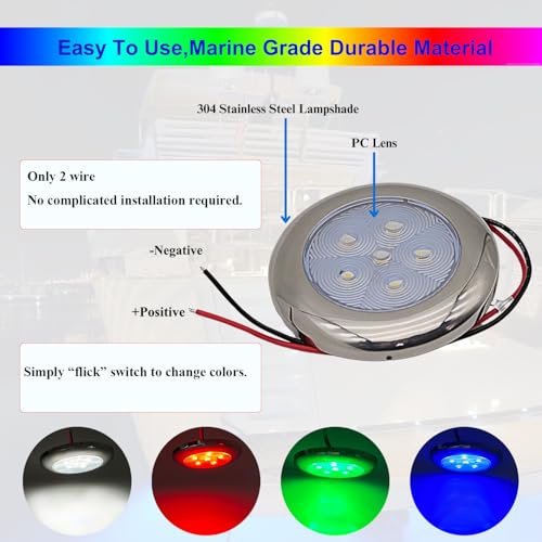 Vcanuplms Marine Boat Courtesy Lights, 3 Inch RGBW LED Cabin Light, IP67 Waterproof Stainless Steel Interior Exterior Deck Dome Lamp for Fishing Pontoon Bass Sailboat 12V (4 Pcs) - Image 3