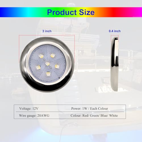 Vcanuplms Marine Boat Courtesy Lights, 3 Inch RGBW LED Cabin Light, IP67 Waterproof Stainless Steel Interior Exterior Deck Dome Lamp for Fishing Pontoon Bass Sailboat 12V (4 Pcs) - Image 2