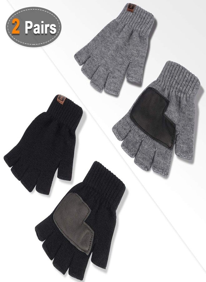 MAYLISACC Winter 2 Pairs Knit Fingerless Gloves Half Finger for Men with Leather Grip for Texting Typing (Black & Grey) - Image 2