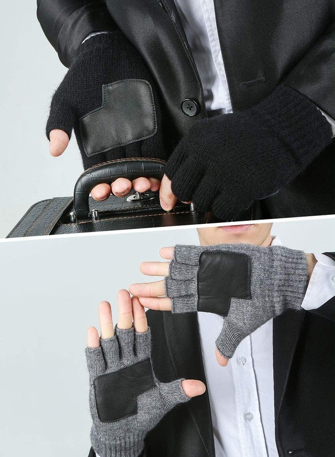 MAYLISACC Winter 2 Pairs Knit Fingerless Gloves Half Finger for Men with Leather Grip for Texting Typing (Black & Grey) - Image 4
