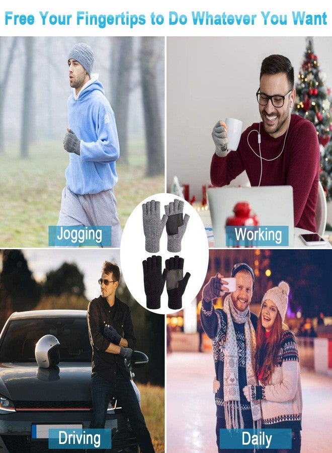MAYLISACC Winter 2 Pairs Knit Fingerless Gloves Half Finger for Men with Leather Grip for Texting Typing (Black & Grey) - Image 5