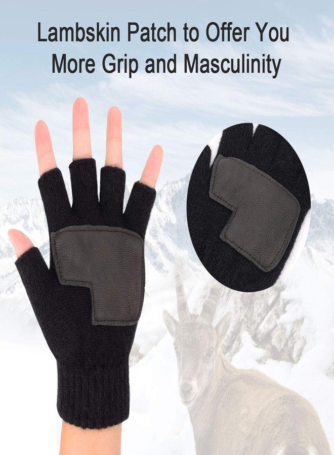 MAYLISACC Winter 2 Pairs Knit Fingerless Gloves Half Finger for Men with Leather Grip for Texting Typing (Black & Grey) - Image 3