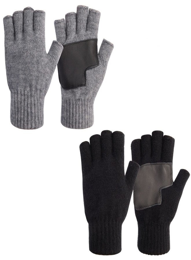 MAYLISACC Winter 2 Pairs Knit Fingerless Gloves Half Finger for Men with Leather Grip for Texting Typing (Black & Grey) - Image 1