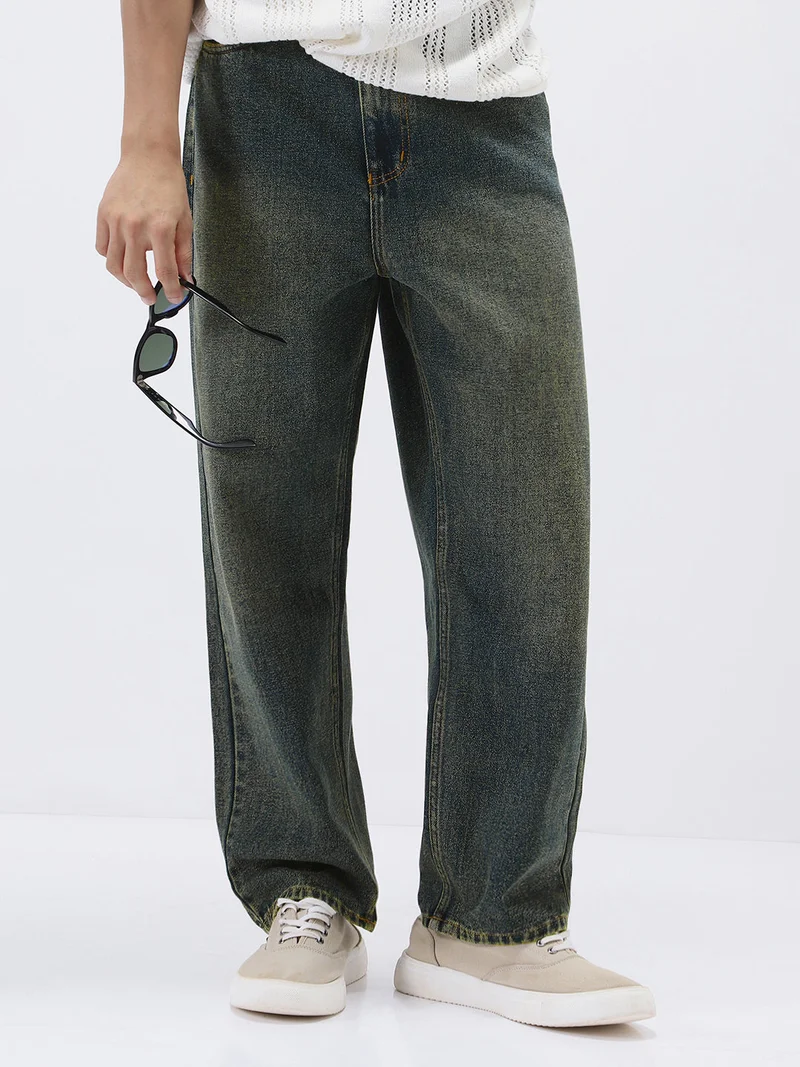 Urbano Fashion Men's Dark Blue Loose Baggy Fit Heavy Washed Jeans Non-Stretchable