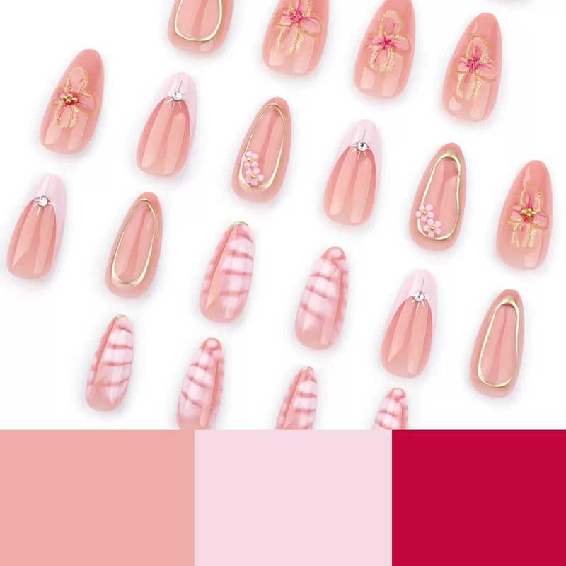CTTHNBD Press on Nails Medium Almond - Flower Fake Nails with Gold Line Design - French Tip False Nails Press ons - for Women 24 Pcs - Image 4