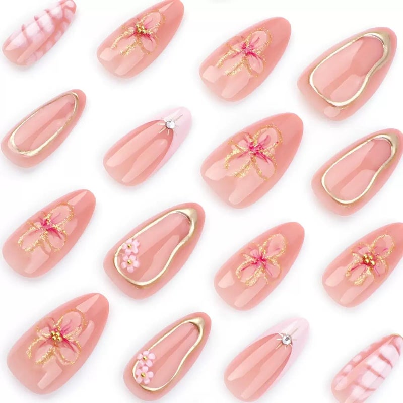 CTTHNBD Press on Nails Medium Almond - Flower Fake Nails with Gold Line Design - French Tip False Nails Press ons - for Women 24 Pcs - Image 2
