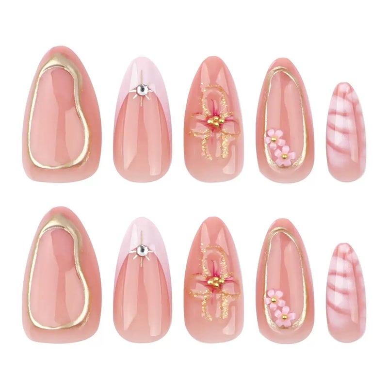 CTTHNBD Press on Nails Medium Almond - Flower Fake Nails with Gold Line Design - French Tip False Nails Press ons - for Women 24 Pcs - Image 5