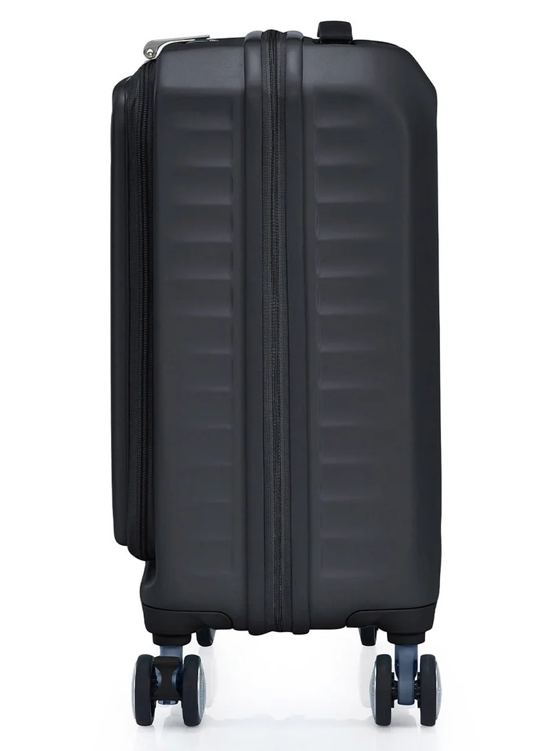 American Tourister black Frontec Suitcase, Cabin Size 54 cm / 20 inch, 4 Spinner Wheels, Hard Top, Polycarbonate, Black|Expandable|Book Opening|Front Laptop Compartment|2-in-1 Optimov™ + STEPause™ Shock Absorbing Wheels|TSA 008 Lock|DuoSaf™ Security Zipper|USB Port - 3 Years International Warranty  | Best Price UAE