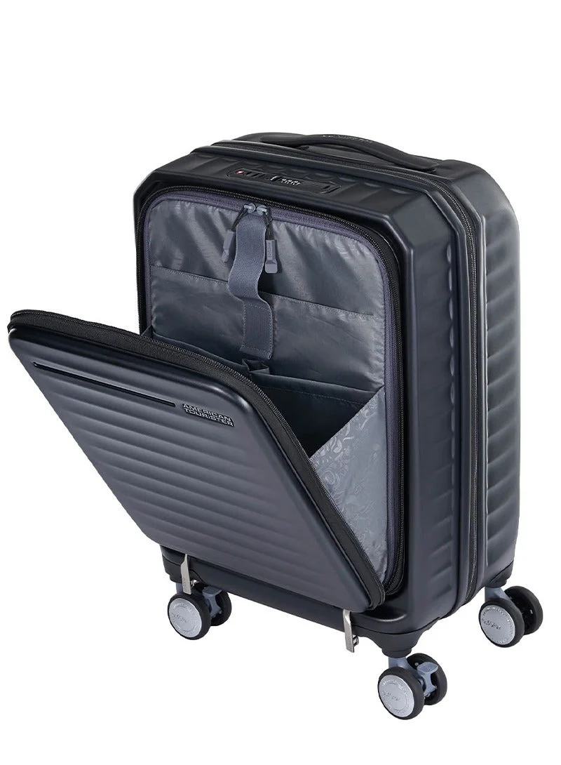 American Tourister black Frontec Suitcase, Cabin Size 54 cm / 20 inch, 4 Spinner Wheels, Hard Top, Polycarbonate, Black|Expandable|Book Opening|Front Laptop Compartment|2-in-1 Optimov™ + STEPause™ Shock Absorbing Wheels|TSA 008 Lock|DuoSaf™ Security Zipper|USB Port - 3 Years International Warranty  | Best Price UAE