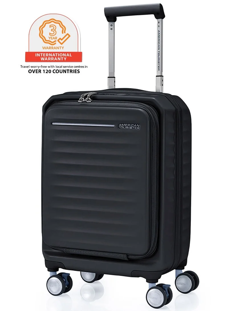 Frontec Suitcase, Cabin Size 54 cm / 20 inch, 4 Spinner Wheels, Hard Top, Polycarbonate, Black|USB Port|Expandable|Front Laptop Compartment|PlentiVol™ Book Opening|2-in-1 Optimov™ + STEPause™ Shock Absorbing Wheels|TSA 008 Lock|DuoSaf™ Security Zipper - 3 Years International Warranty