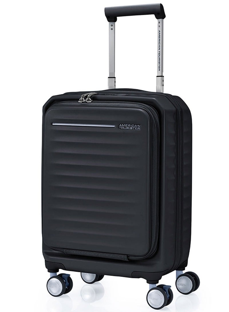 AMERICAN TOURISTER Frontec Suitcase, Cabin Size 54 cm / 20 inch, 4 Spinner Wheels, Hard Top, Polycarbonate, Black|Expandable|Book Opening|Front Laptop Compartment|2-in-1 Optimov™ + STEPause™ Shock Absorbing Wheels|TSA 008 Lock|DuoSaf™ Security Zipper|USB Port - 3 Years International Warranty - Image 2