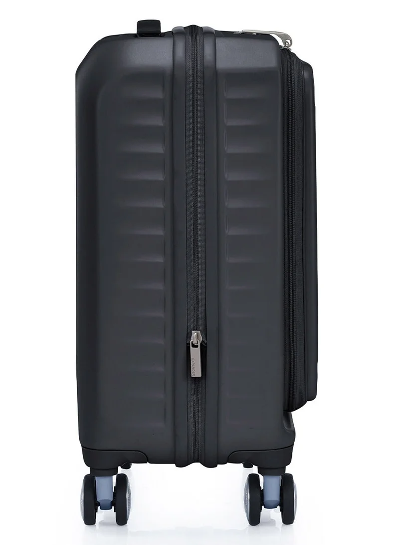 American Tourister black Frontec Suitcase, Cabin Size 54 cm / 20 inch, 4 Spinner Wheels, Hard Top, Polycarbonate, Black|Expandable|Book Opening|Front Laptop Compartment|2-in-1 Optimov™ + STEPause™ Shock Absorbing Wheels|TSA 008 Lock|DuoSaf™ Security Zipper|USB Port - 3 Years International Warranty  | Best Price UAE
