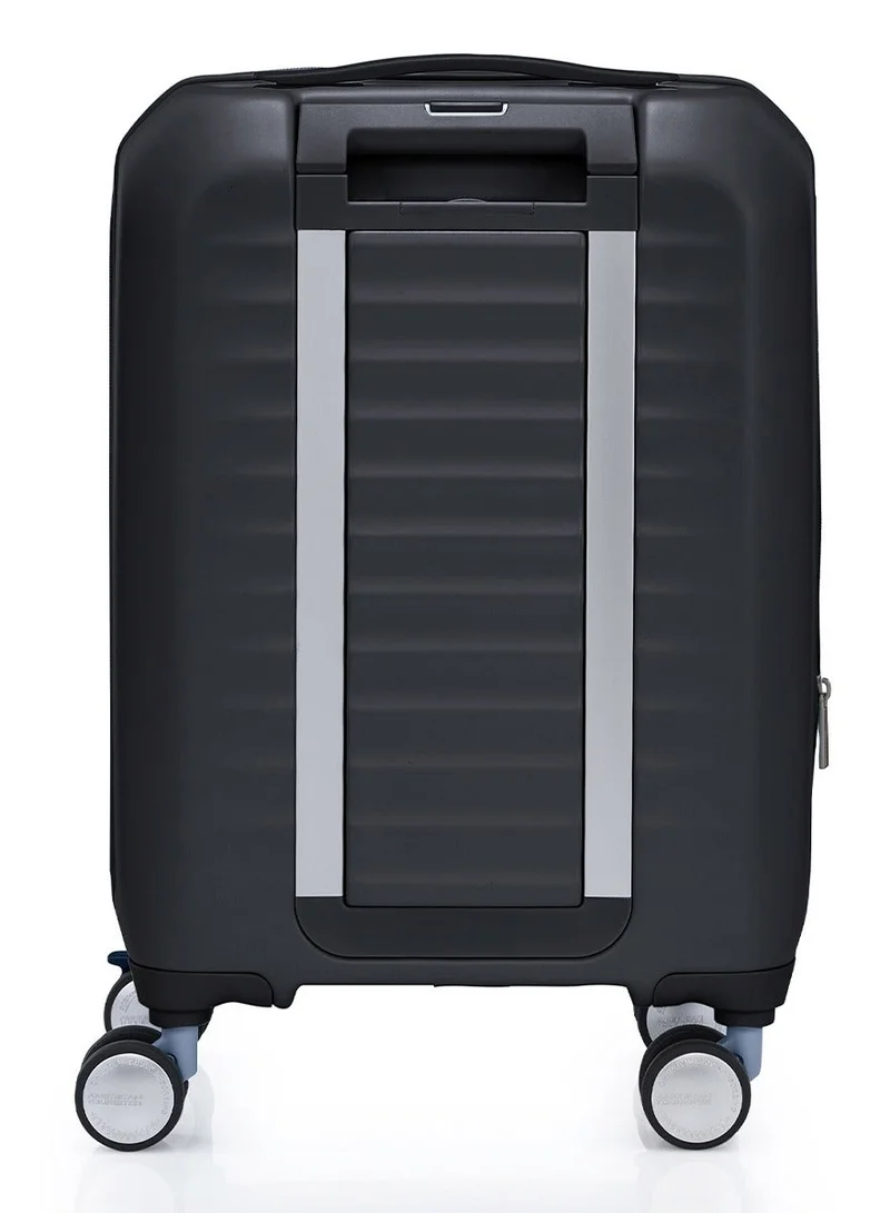 American Tourister black Frontec Suitcase, Cabin Size 54 cm / 20 inch, 4 Spinner Wheels, Hard Top, Polycarbonate, Black|Expandable|Book Opening|Front Laptop Compartment|2-in-1 Optimov™ + STEPause™ Shock Absorbing Wheels|TSA 008 Lock|DuoSaf™ Security Zipper|USB Port - 3 Years International Warranty  | Best Price UAE