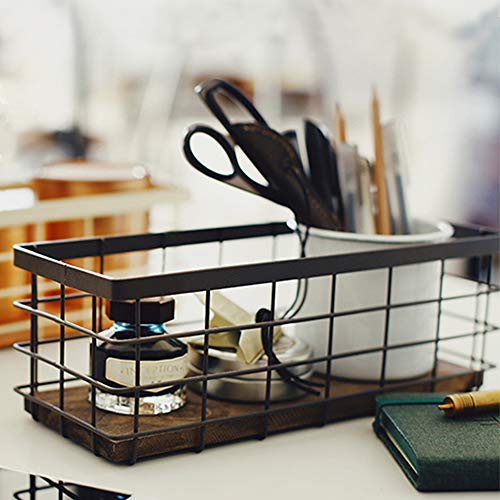 TIEYIPIN Small Metal Wire Storage Basket, Detachable Wood Base Storage Organizer Bin Basket for Kitchen Cabinets, Bathroom, Pantry, Garage, Laundry Room - Brown - Image 3