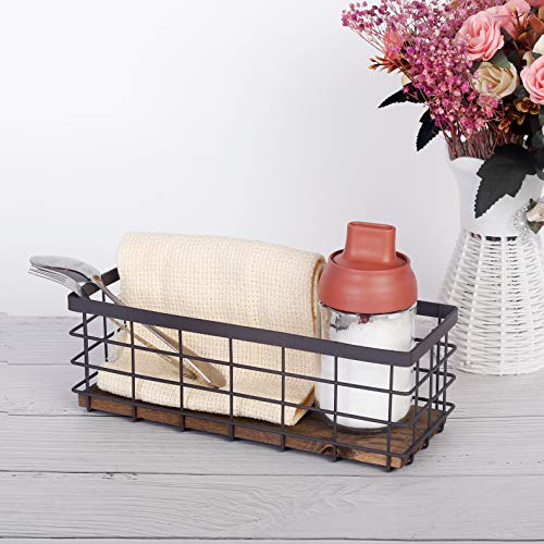 TIEYIPIN Small Metal Wire Storage Basket, Detachable Wood Base Storage Organizer Bin Basket for Kitchen Cabinets, Bathroom, Pantry, Garage, Laundry Room - Brown - Image 2