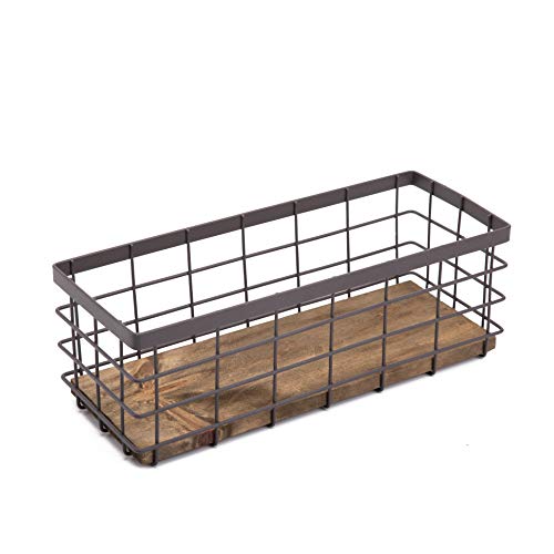 TIEYIPIN Small Metal Wire Storage Basket, Detachable Wood Base Storage Organizer Bin Basket for Kitchen Cabinets, Bathroom, Pantry, Garage, Laundry Room - Brown - Image 1