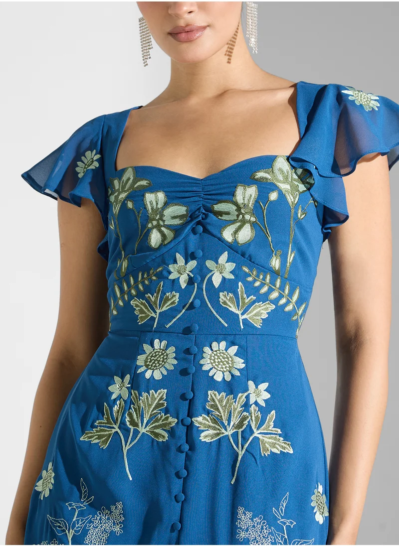 Maya Embroidered Flutter Sleee Dress