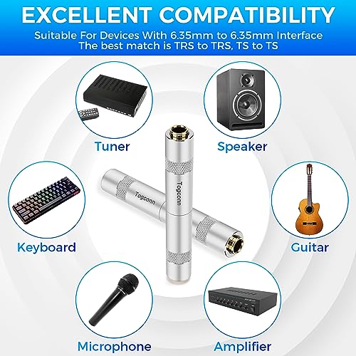 Togconn 1/4 Inch TRS/TS Female to Female Gold-Plated Coupler (2 Pack), 1/4" TRS Stereo and TS Mono Jack Adapter Joiner, 6.35mm Extension Gender Changer Converter Connectors for Amplifier Speaker Guitar Sound - Image 5