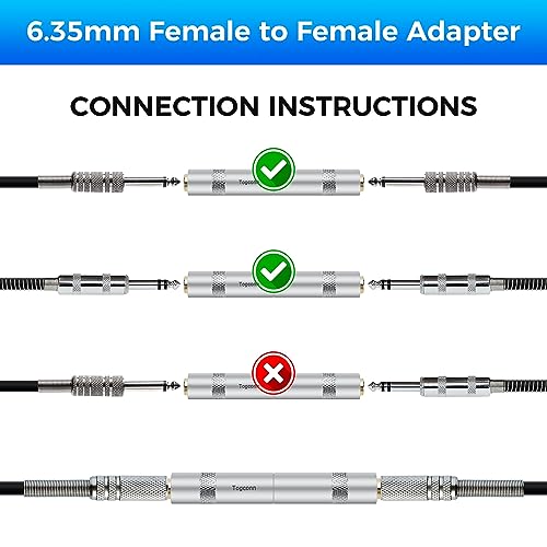 Togconn 1/4 Inch TRS/TS Female to Female Gold-Plated Coupler (2 Pack), 1/4" TRS Stereo and TS Mono Jack Adapter Joiner, 6.35mm Extension Gender Changer Converter Connectors for Amplifier Speaker Guitar Sound - Image 4