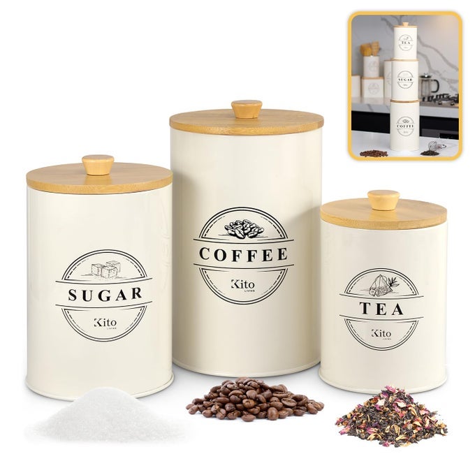 CANISTERS SETS FOR KITCHEN COUNTER STORAGE AND ORGANIZATION WITH WOODEN BAMBOO LIDS FOOD PANTRY CONTAINERS STACKABLE STEEL STORAGE BINS AIRTIGHT SUGAR TEA COFFEE CANISTERS CREAM