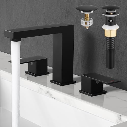 KES All Metal Black Bathroom Faucets with Pop Up Sink Drain with Overflow, 8 Inch Widespread Bathroom Faucet 3 Hole Vanity, SUS 304 Stainless Steel Matte Black, L4350LFF12-BK-C1 - Image 1
