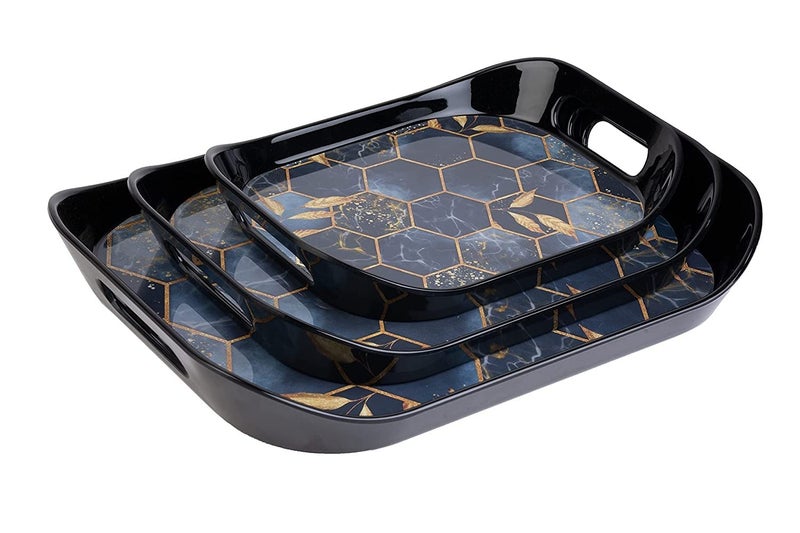 Finner Premium Era Rectangular Shape Serving Tray Set Of 3 Honeycomb Design Plastic Metrial Glossy Finish Bpa Free Trays For Kitchen And Office And Home Decor (Black,Set Of 3) - Image 1