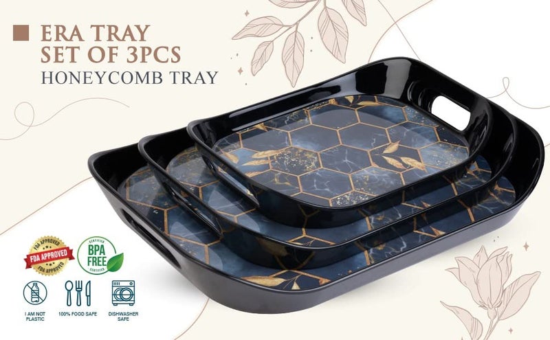 Finner Premium Era Rectangular Shape Serving Tray Set Of 3 Honeycomb Design Plastic Metrial Glossy Finish Bpa Free Trays For Kitchen And Office And Home Decor (Black,Set Of 3) - Image 2