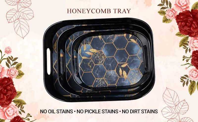 Finner Premium Era Rectangular Shape Serving Tray Set Of 3 Honeycomb Design Plastic Metrial Glossy Finish Bpa Free Trays For Kitchen And Office And Home Decor (Black,Set Of 3) - Image 4
