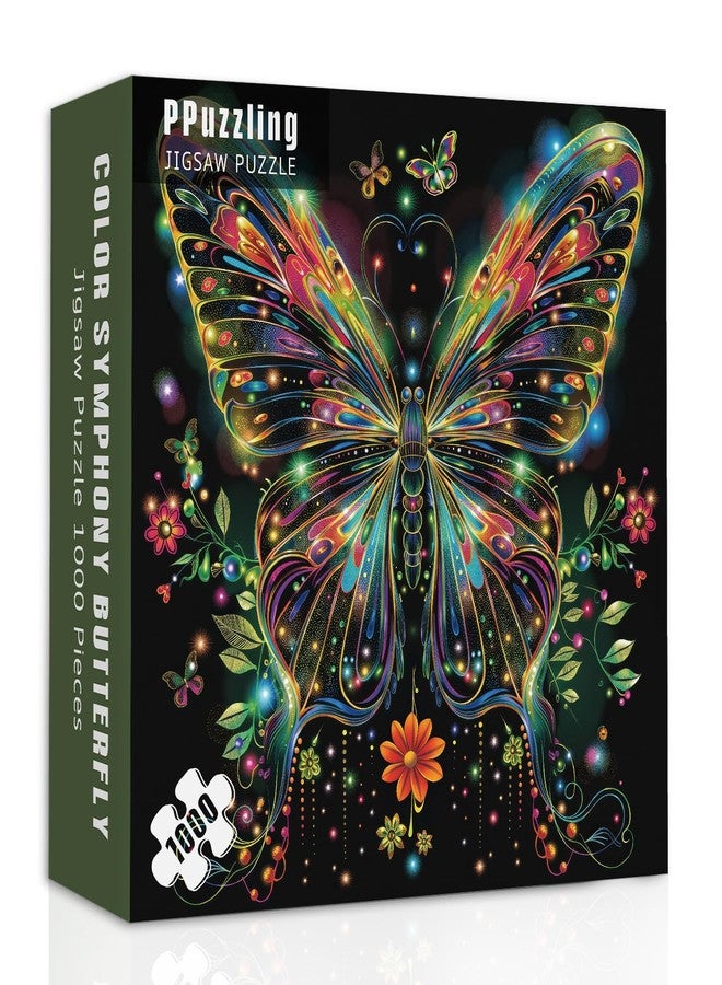 PPuzzling Butterfly Puzzles for Adults 1000 Pieces, Glowing Rainbow Wings Jigsaw Puzzles, Fantasy Floral Nature Puzzle - Image 1