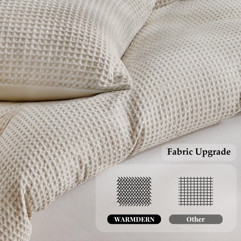 WARMDERN Waffle Weave Duvet Cover King Size, Khaki Textured Duvet Cover Set, Soft and Breathable Comforter Cover, 3 Pieces Microfiber Bedding Set for All Season(Khaki,King) - Image 3