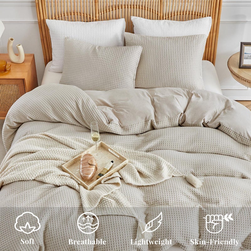 WARMDERN Waffle Weave Duvet Cover King Size, Khaki Textured Duvet Cover Set, Soft and Breathable Comforter Cover, 3 Pieces Microfiber Bedding Set for All Season(Khaki,King) - Image 2