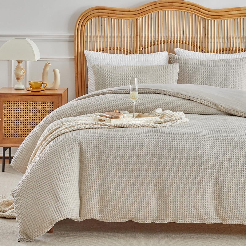 WARMDERN Waffle Weave Duvet Cover King Size, Khaki Textured Duvet Cover Set, Soft and Breathable Comforter Cover, 3 Pieces Microfiber Bedding Set for All Season(Khaki,King) - Image 1