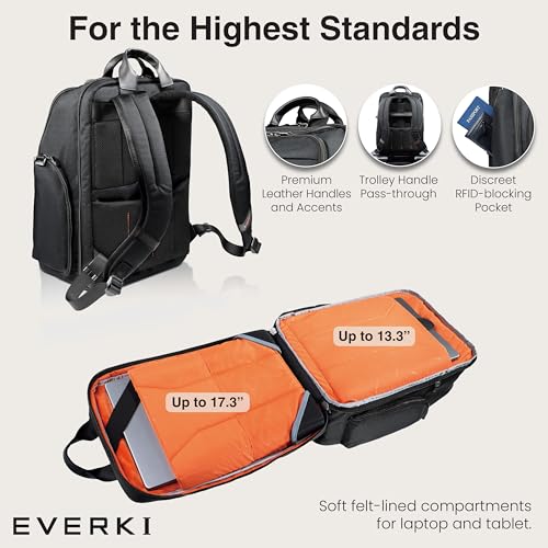 EVERKI Onyx Business Executive Laptop Backpack – Ballistic Nylon & Leather Office Bag, Durable bag with Multiple Pockets, 17.3" Compartment, Padded Electronics Pocket, 36L Capacity, (EKP132S17) Black - Image 4