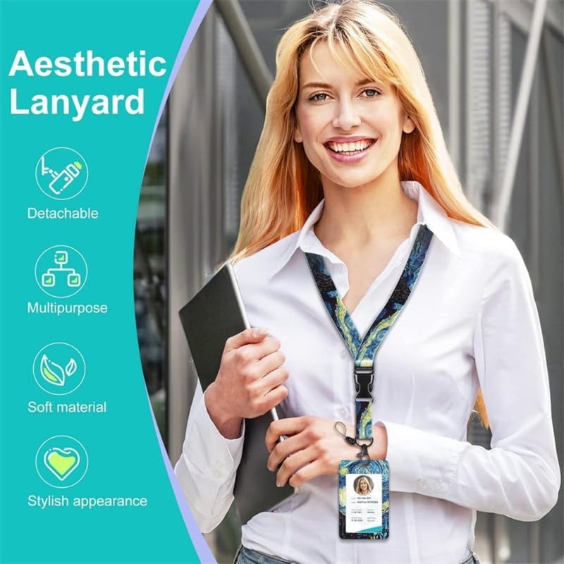 حامل بطاقة الهوية، حامل شارة لطيف مع مشبك بكرة قابل للسحب، علامة اسم العمل، حافظة حماية لبطاقة الهوية العمودية بحبل منفصل للعاملين في المكاتب، الممرضة، التمريض، الطبيب، المعلم، الطالب، الليل المرصع بالنجوم - Image 4