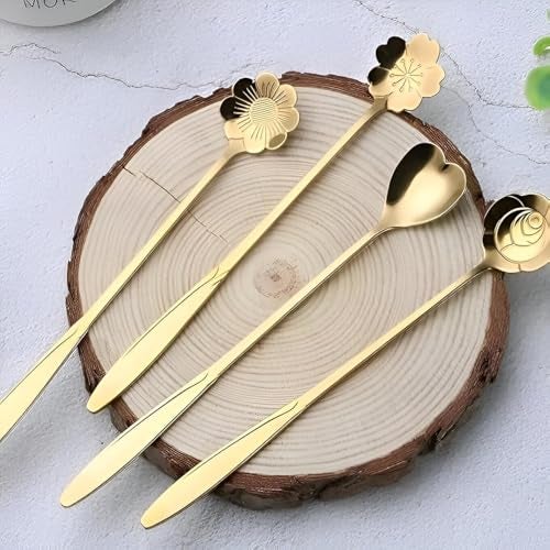 DS ENTERPRISE Desert Spoon 4 Set, Long Handle, Different Flower Shape Stirring Golden Spoons, Stainless Steel Reusable Teaspoons, Cute Coffee Tea Spoon Set for Cutlery Kitchen, Ice Cream,Tableware Cafe Bar (4-Pcs) - Image 2