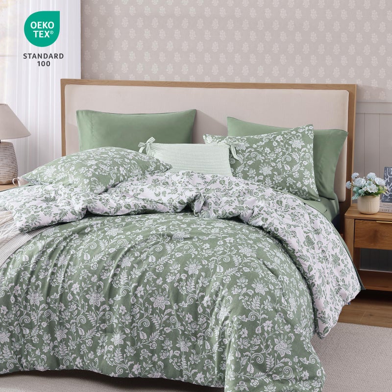 BLOOMHAVEN Queen Comforter Set -7 Pieces Floral Grey Green Comforter Set for All Seasons, Bed in a Bag Queen with Botanical Flowers Comforter, Sheets, Pillowcases & Shams - Image 2