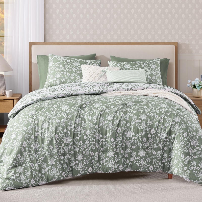 BLOOMHAVEN Queen Comforter Set -7 Pieces Floral Grey Green Comforter Set for All Seasons, Bed in a Bag Queen with Botanical Flowers Comforter, Sheets, Pillowcases & Shams - Image 1