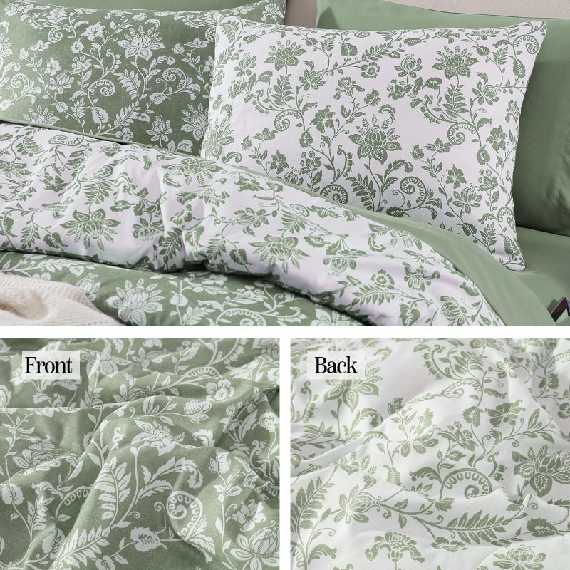 BLOOMHAVEN Queen Comforter Set -7 Pieces Floral Grey Green Comforter Set for All Seasons, Bed in a Bag Queen with Botanical Flowers Comforter, Sheets, Pillowcases & Shams - Image 5