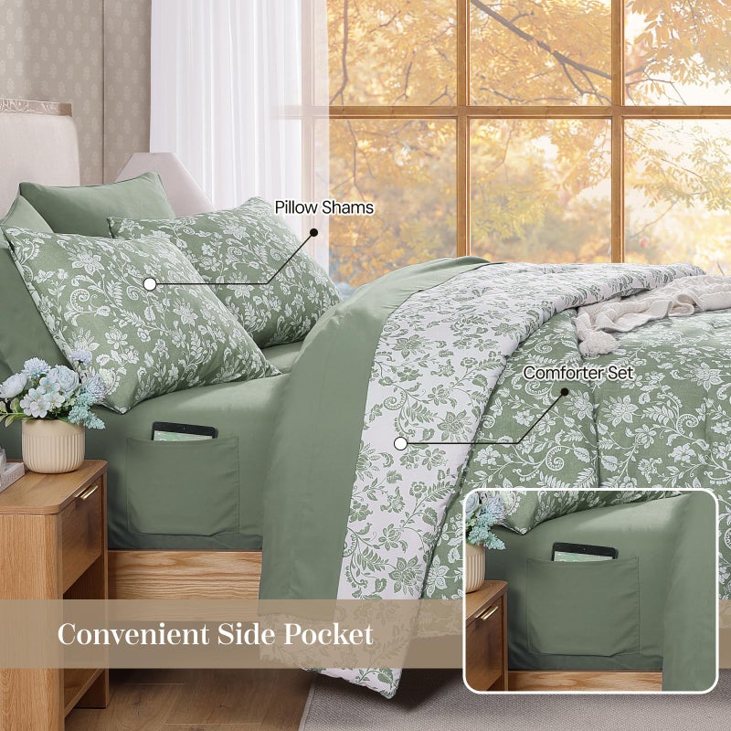 BLOOMHAVEN Queen Comforter Set -7 Pieces Floral Grey Green Comforter Set for All Seasons, Bed in a Bag Queen with Botanical Flowers Comforter, Sheets, Pillowcases & Shams - Image 4