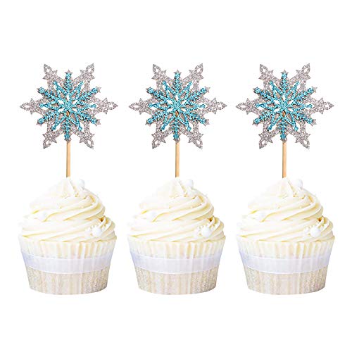 Ercadio 24 Pack Snowflake Cupcake Toppers Double Layers Silver and Blue Winter Theme Cupcake Picks Baby Shower Kids Birthday Party Christmas Cake Decorations Supplies - Image 1
