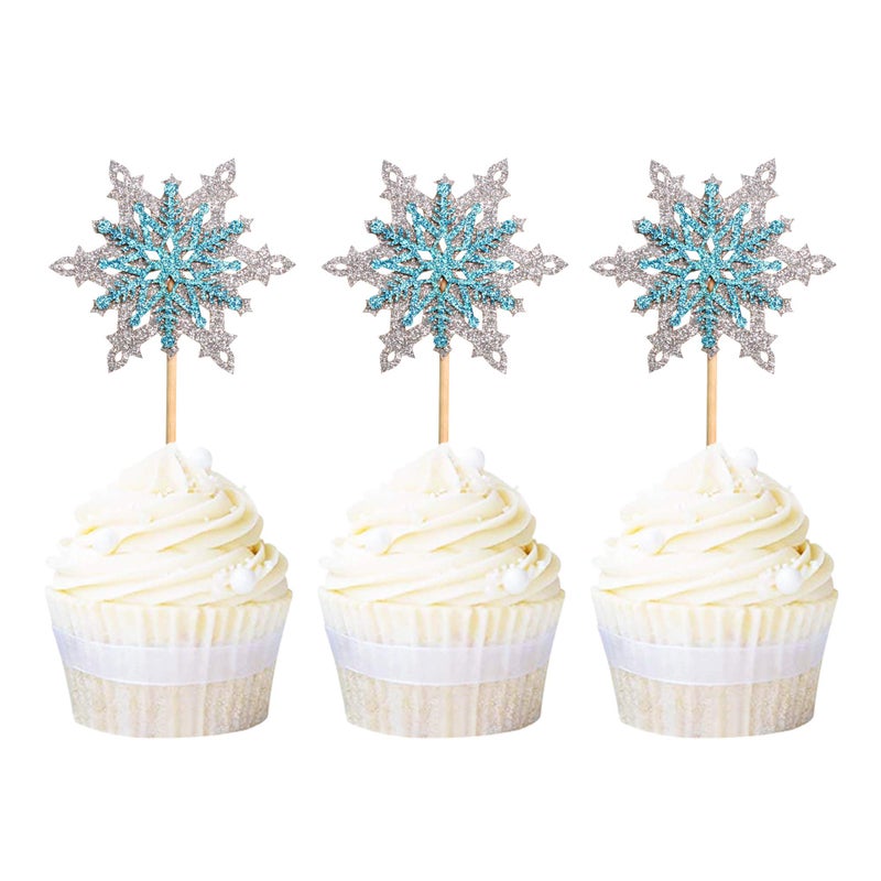 Ercadio 24 Pack Snowflake Cupcake Toppers Double Layers Silver and Blue Winter Theme Cupcake Picks Baby Shower Kids Birthday Party Christmas Cake Decorations Supplies - Image 2